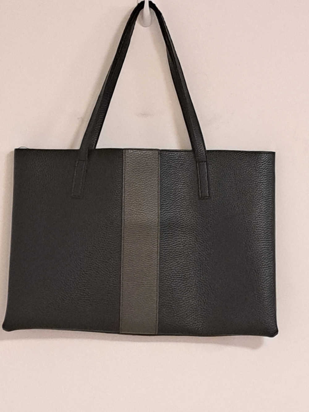 Vince Camuto Pebble Vegan Leather Black Tote with Gray Center Stripe
